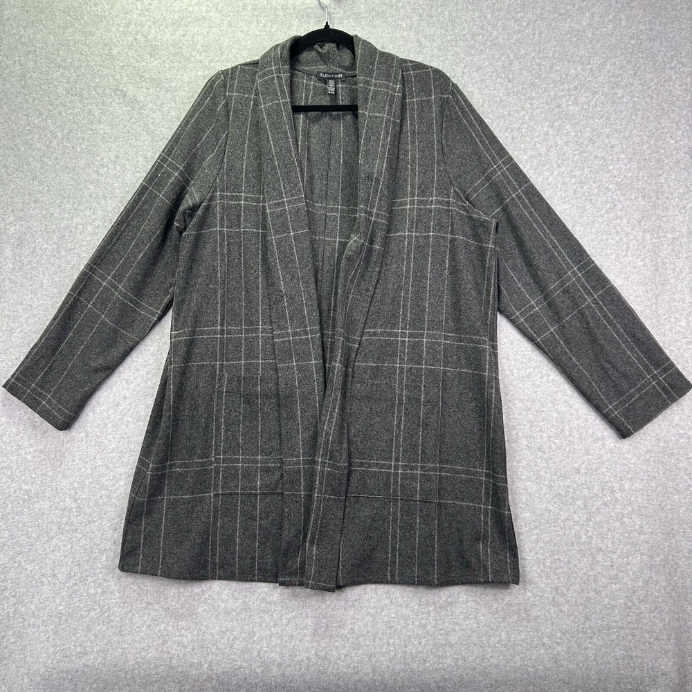 Eileen Fisher Wool Blend Plaid Gray Open Front Cardigan Sweater XL Office